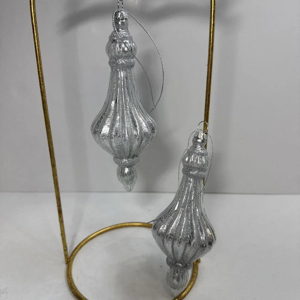 Set (2)‎ Silver and glittered mercury glass blown finial shaped ornaments 6 in